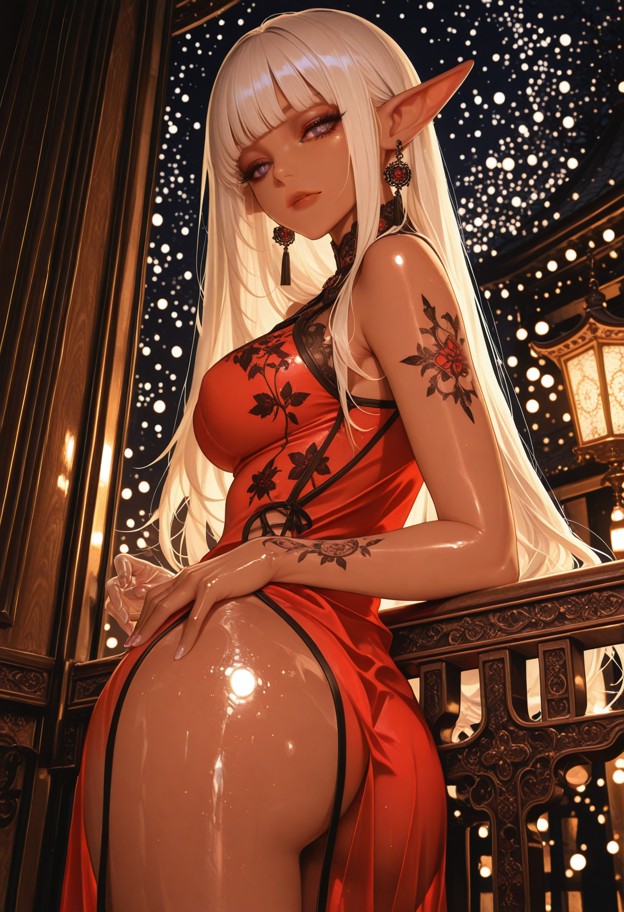 1girl,elegant woman in cheongsam,sitting on a wooden balcony railing inside a pavilion,relaxed pose,one arm resting o…