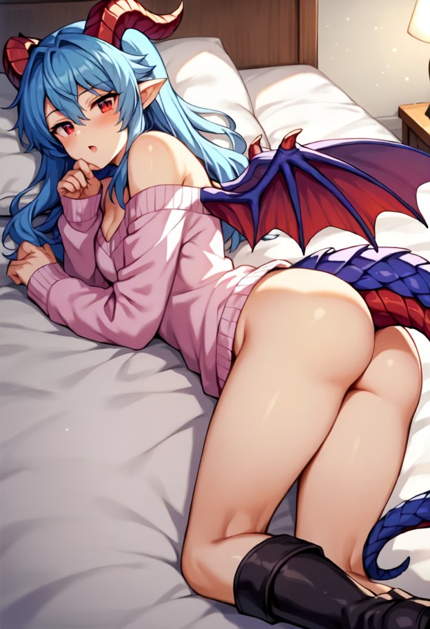 1girl lying on bed,pastel pink sweater dress,,white knitted thigh-high socks,black boots,frontal view,seductive gaze,…