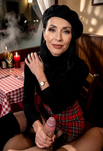 Location: late evening inside a small, intimate Italian restaurant with red-checked tablecloths, dim warm lighting fr…