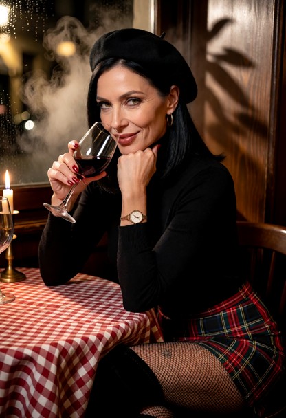 Location: late evening inside a small, intimate Italian restaurant with red-checked tablecloths, dim warm lighting fr…
