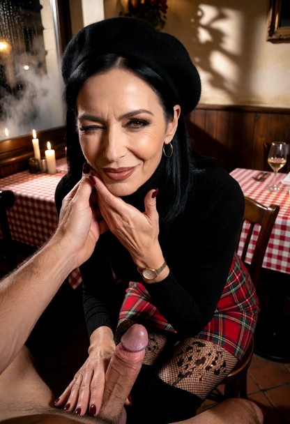 Location: late evening inside a small, intimate Italian restaurant with red-checked tablecloths, dim warm lighting fr…