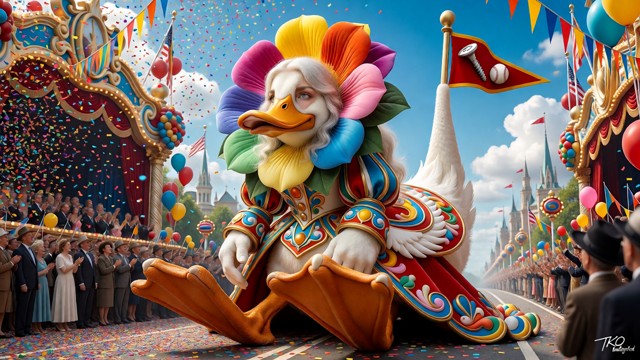 Transform the supplied model into an extravagant duck-inspired absurdist character from a surreal nostalgic cartoon u…
