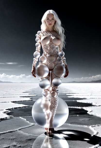 (high contrast monochrome:1.7) woman made of floating translucent spheres, nude, spheres of various sizes forming bod…