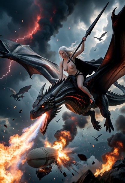 a dark female dragon rider sitting firmly on a massive flying dragon, clearly riding it (not merged), her body positi…