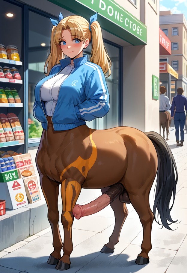 centaur (human torso),futanari,blonde_hair,twintails,white_shirt,open blue_jacket,hair_ribbon,anime style,city,street…