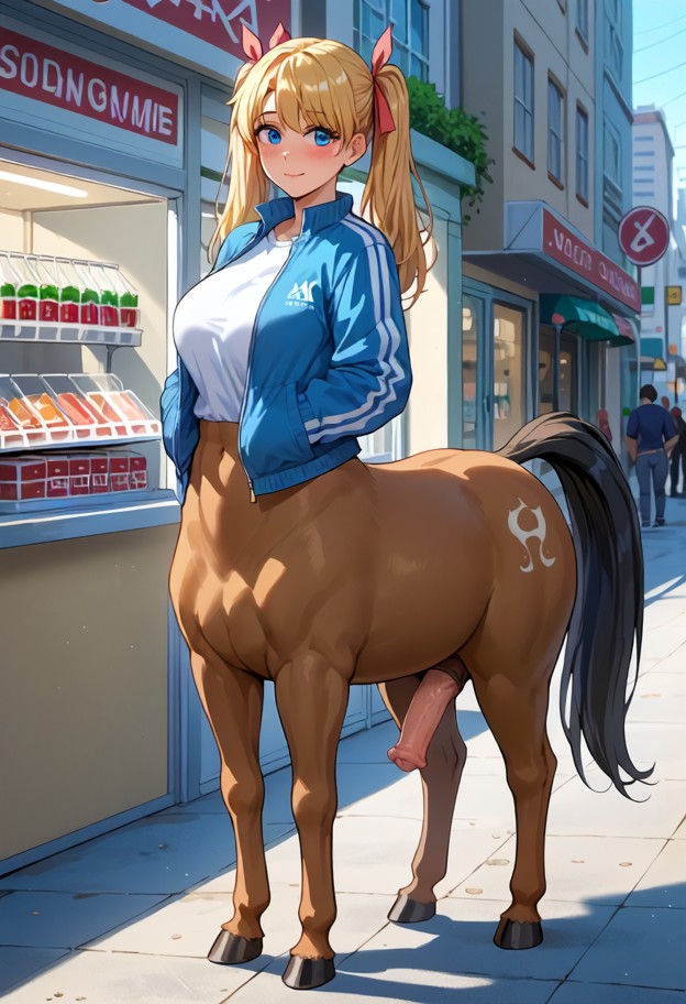 centaur (human torso),futanari,blonde_hair,twintails,white_shirt,open blue_jacket,hair_ribbon,anime style,city,street…