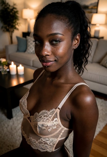 The subject looks flirty, with a subtle smile, direct gaze, and soft expression., Woman wears sexy lace lingerie with…