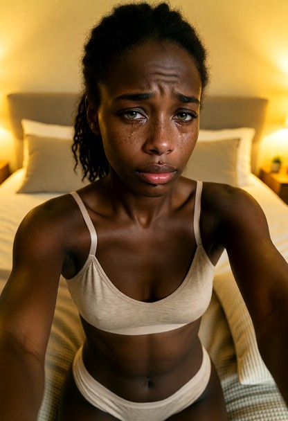 Woman wears simple matching underwear, with a coordinated bra and panties set., The subject is crying, with tears, sa…