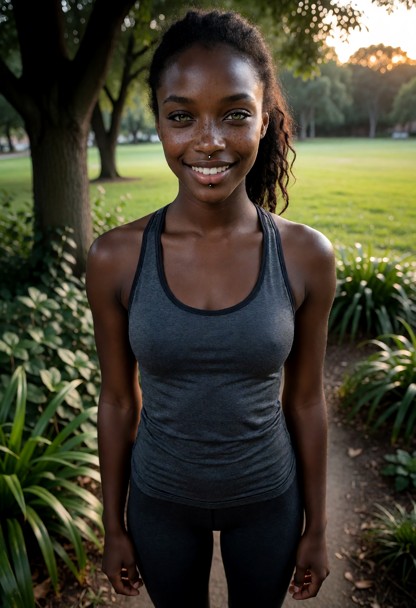 Woman wears sportswear with leggings and a tank top, with a sporty vibe, natural skin, and no visible jewelry., The s…