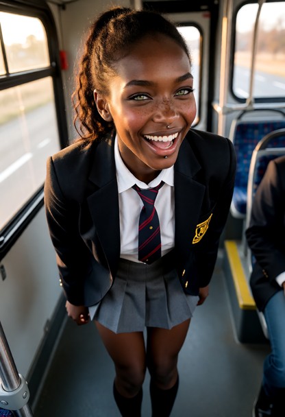 Woman wears a school uniform with a skirt, blazer, tie, knee-high socks, light makeup, and soft blush., The scene is …