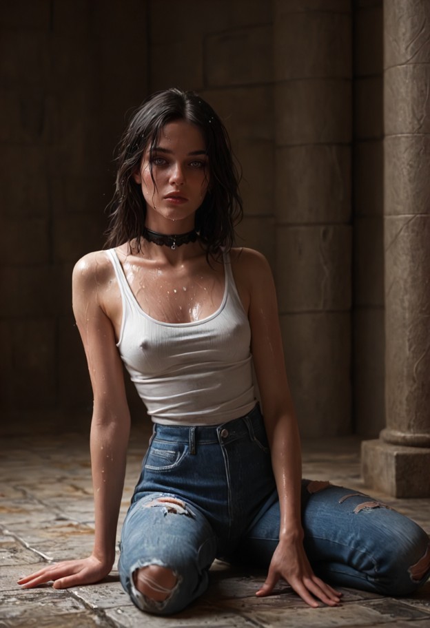 xesty lies on her back on the stone floor,solo,white cotton singlet pushed up to her chest,ripped blue denim flared j…