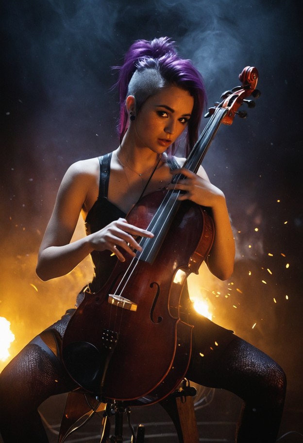 cinematic shot of a female cellist in the style of tina guo,performing intensely with a futuristic electric carbon-fi…