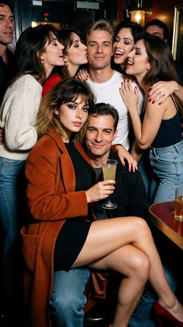 Summary: A tightly packed group of friends vamps and poses together inside a dim crowded bar at night, captured as a …