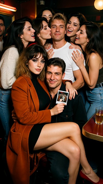 Summary: A tightly packed group of friends vamps and poses together inside a dim crowded bar at night, captured as a …