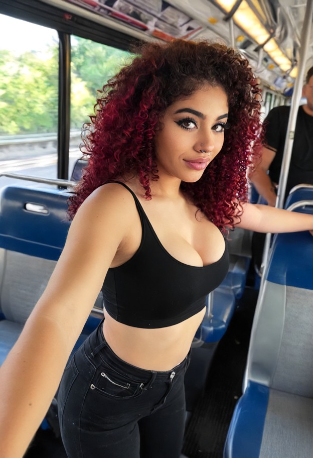 leaning her hips against a guy,biting her lower lip,black crop top,tight black denim jeans,inside a crowded public bu…