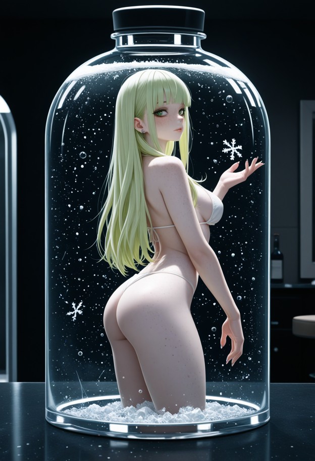 a
 beautiful woman standing in the center of a hollow spherical glass orb,(volumetric space inside the bottle:1.3),3d…