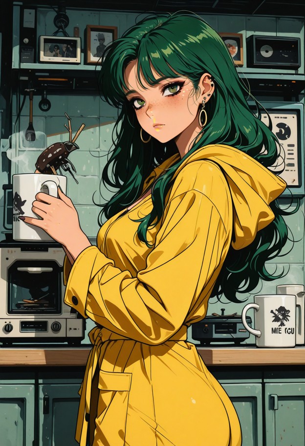 vertical anime style,extreme scale contrast. a giant girl with dark hair is holding a large white ceramic coffee mug …