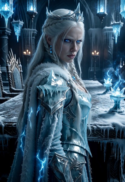 Location: a vast, cold throne hall with frost-covered stone walls and a heavy war table, illuminated by the dim, ethe…
