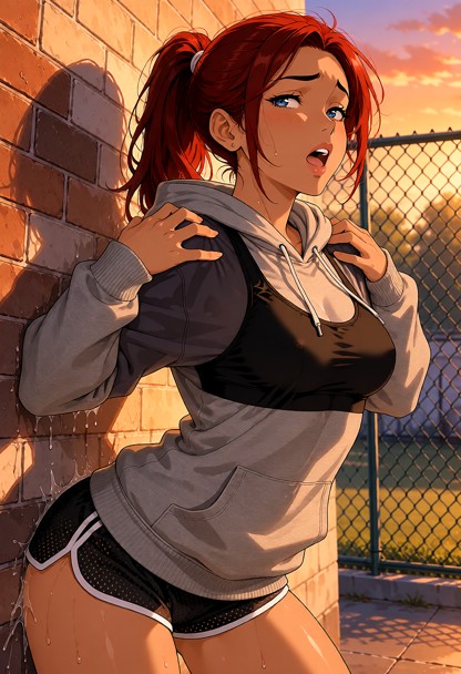 Location: outdoors behind the gym during a golden sunset, with warm light casting long shadows against a brick wall a…