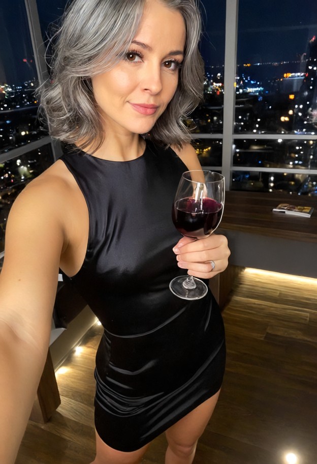 standing,holding a wine glass,black silk dress,luxury private office,polished dark wood desk,large glass window,city …