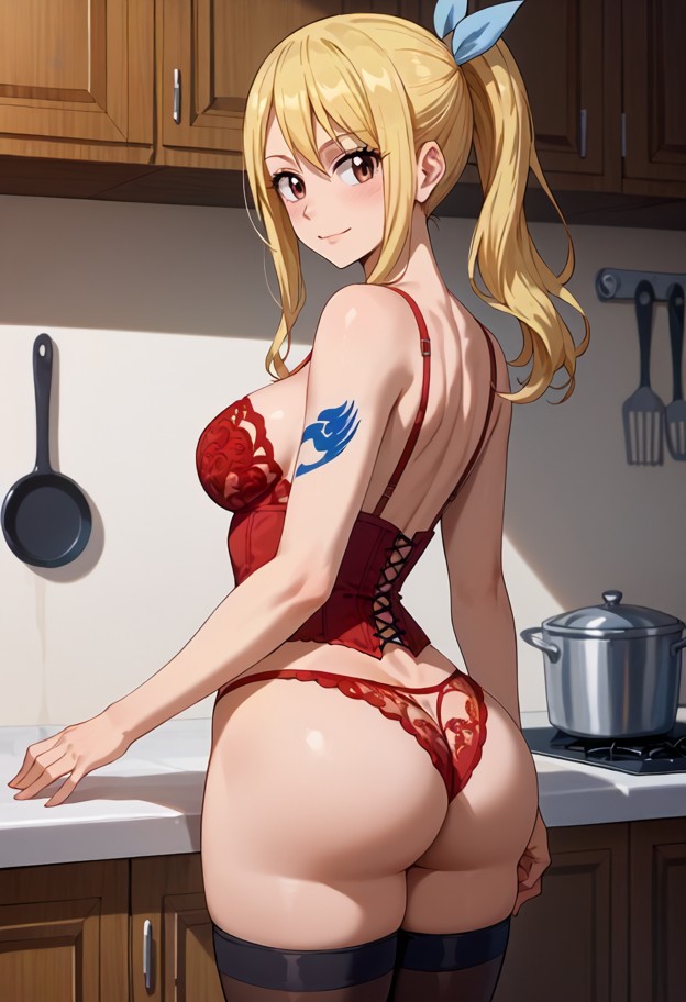 1girl standing in kitchen,red lace lingerie corset bra,matching panties,sheer black thigh highs,high-heeled stilettos…