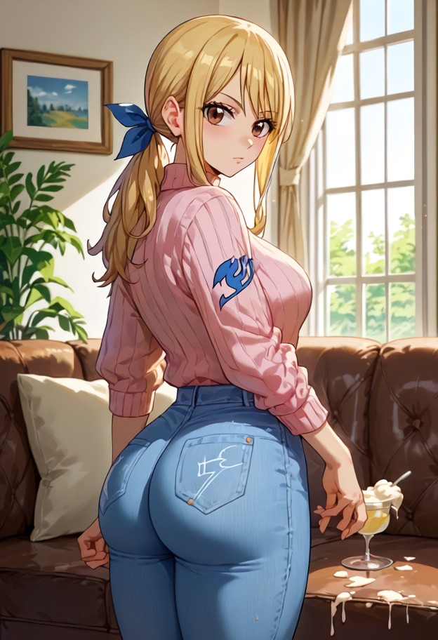 output: 1girl casually dressed in pastel pink sweater and white denim short standing near brown couch in cream-walled…