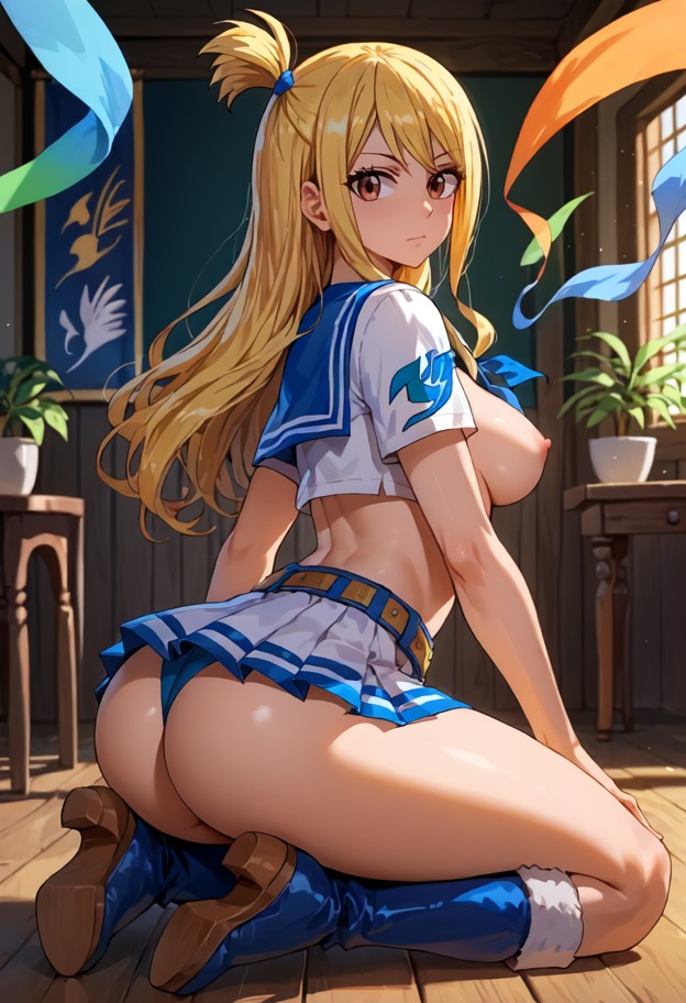 1girl kneeling touching her clit frontal view,sailor uniform,blue and white short skirt,thigh-high white boots golden…