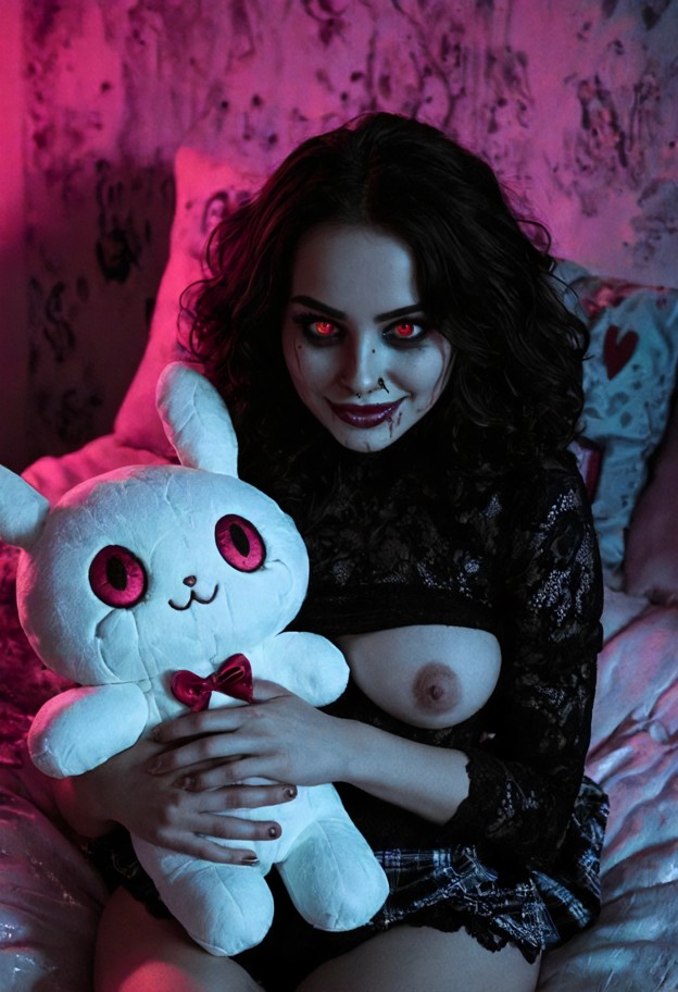 9:16 aspect ratio,psychological horror anime style. in a saccharine-sweet,pastel pink barbie-style bedroom,a young gi…
