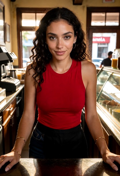 Location: warm afternoon inside a small Cuban cafe, sunlight filtering through front windows and reflecting off the p…
