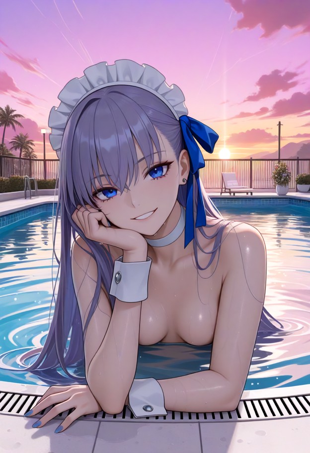1girl,naked,swimming pool,outdoors,sunset,golden sky,pink sky,clouds,smiling,glowing eyes,wet,upper body above water,…