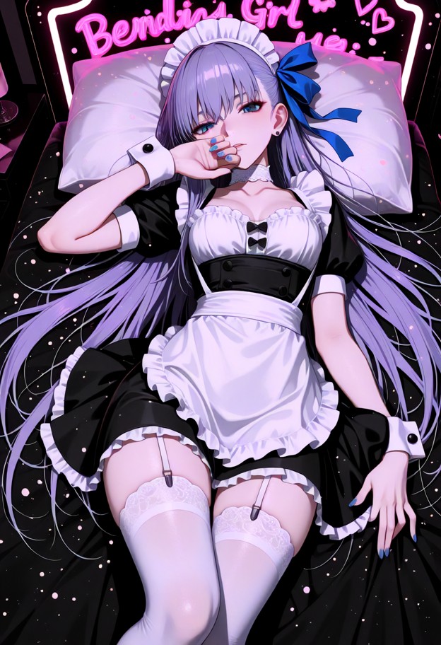 1girl,solo,maid outfit,frilly black and white maid dress,short skirt,thighhigh stockings,lying on her back,on_bed,bed…