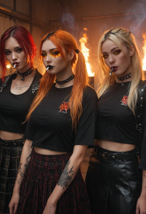 high-quality,photorealistic group portrait of four distinct women of the industrial band "fire-eater" in a vertical 9…