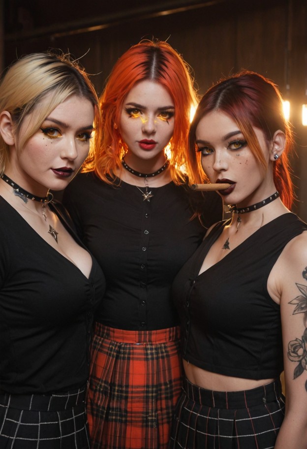 high-quality,photorealistic group portrait of four distinct women of an industrial music group. vertical 9:16 composi…