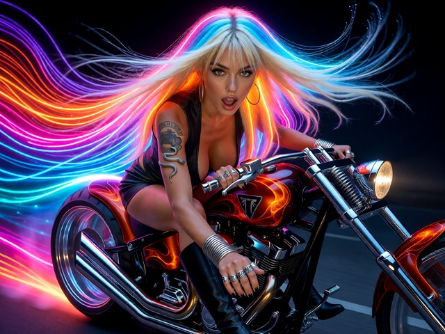 A low angle slightly to the side of full frontal full body shot of Joolz riding on her customized triumph hurricane w…