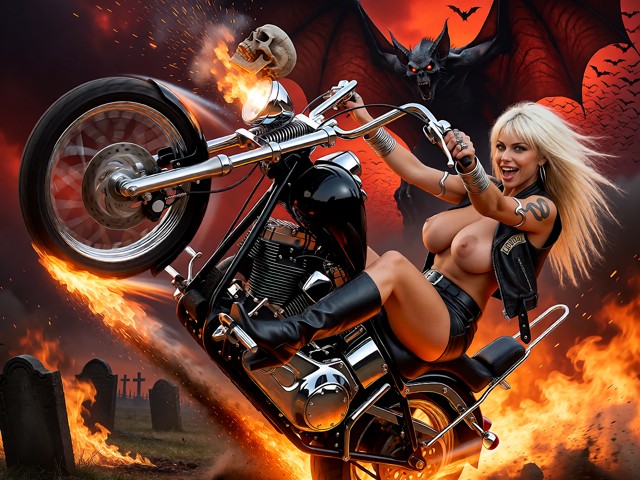 A hyper detailed fantasy art illustration of a powerful Harley Davidson customized chopper motorcycle with bright chr…