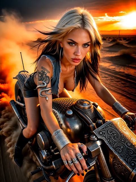 Joolz a stunning fierce female biker riding at speed through a vast desert wasteland l on a massive custom built post…