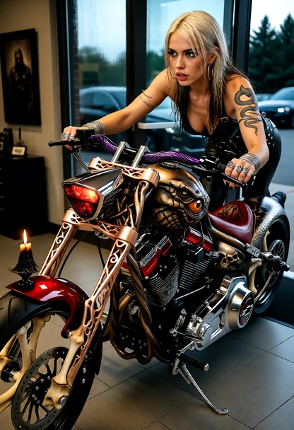 scenario and composition: a cinematic wide shot she has broken into the motorcycle showroom and steals the bike ridin…