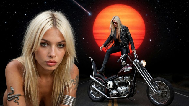 A vintage 1970s airbrush painting in the style of David Mann . A Joolz a nomad biker girl with long blonde hair and m…