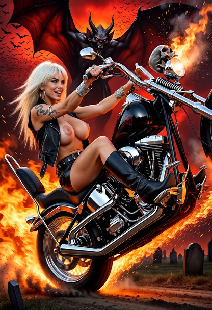 A hyper detailed fantasy art illustration of a powerful Harley Davidson customized chopper motorcycle with bright chr…
