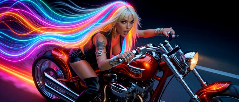 A low angle slightly to the side of full frontal full body shot of Joolz riding on her customized triumph hurricane w…