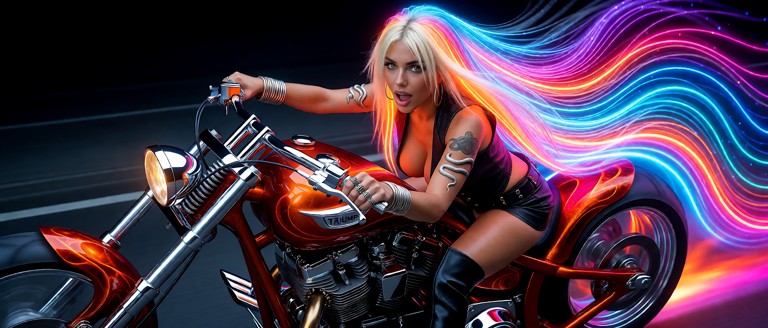 A low angle slightly to the side of full frontal full body shot of Joolz riding on her customized triumph hurricane w…