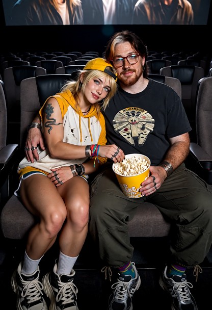 Create a highly detailed cinematic scene of **Sunny and Sandwiches enjoying a quiet, affectionate movie date** inside…