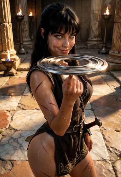 Location: late afternoon in an ancient stone courtyard with sun-drenched columns, flickering oil lamps, and long shad…