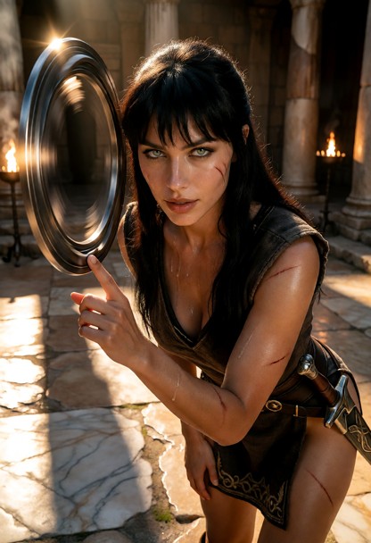Location: late afternoon in an ancient stone courtyard with sun-drenched columns, flickering oil lamps, and long shad…