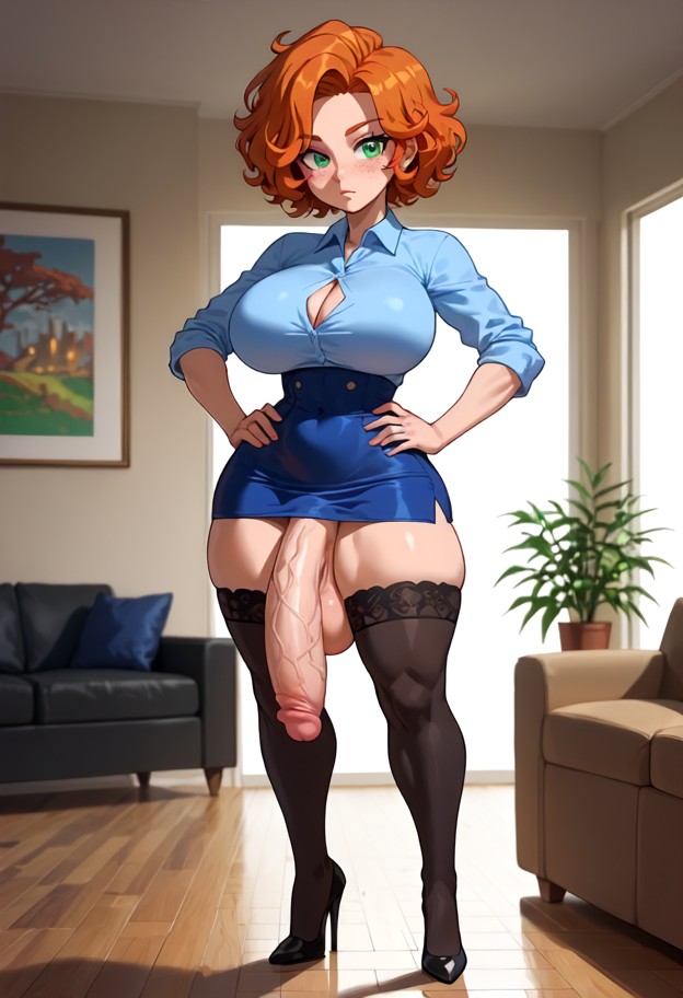 futa standing in the living room with hands on hips,arching back,blue blouse clinging to massive breasts,short tight …