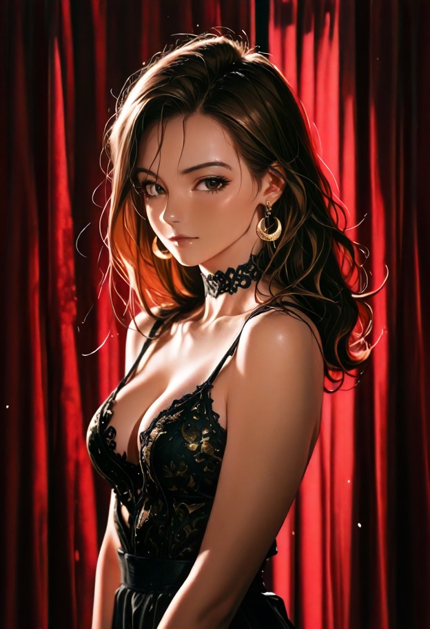 1girl,solo,eye contact,black lace dress,bare shoulder,cleavage,playful smile,luxurious cinema,crimson curtains,dim li…