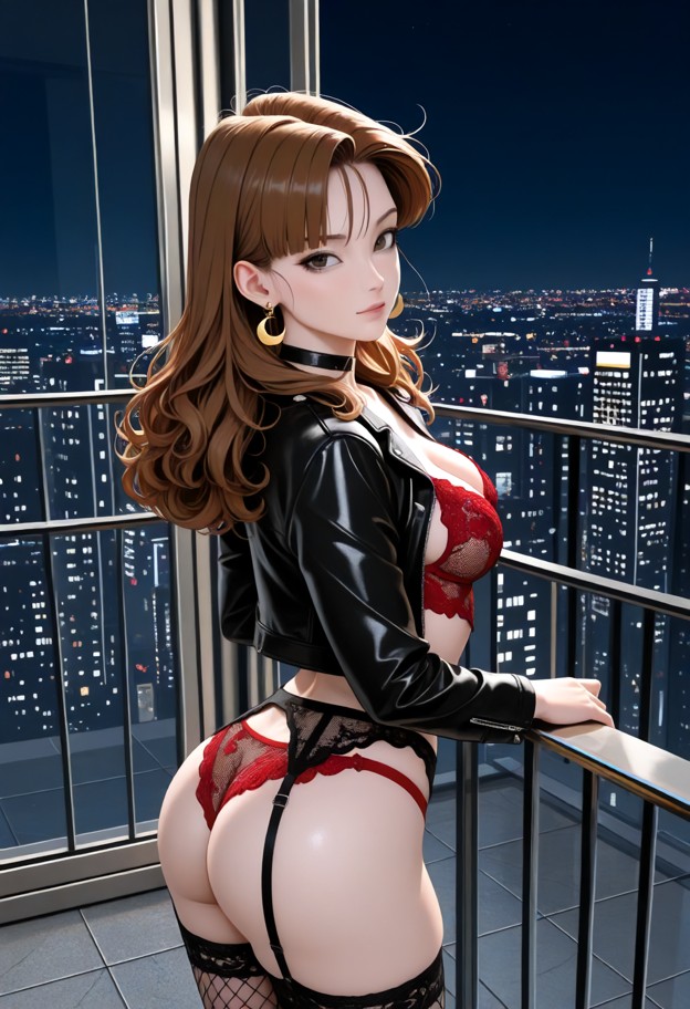 1girl leaning on railing,open black leather jacket,red silk lingerie,red panties,garter belt,black fishnet stockings,…