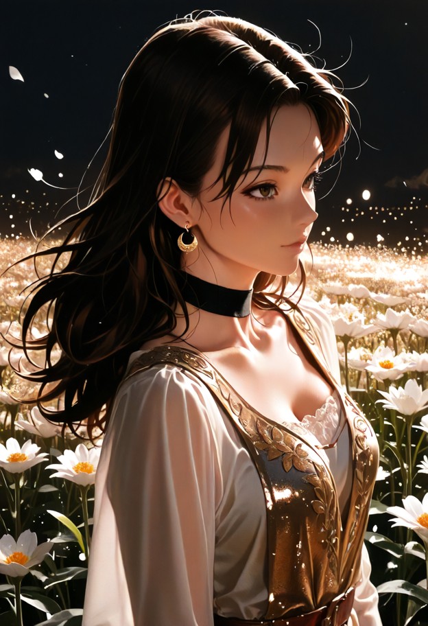 “extreme close-up of valese’s face and upper body in a flower field,petals softly drifting around her. face: soft eye…