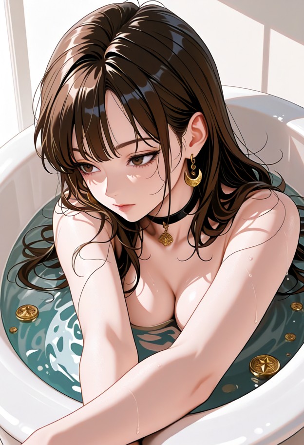 1girl,lying in tub,naked,water droplets on skin,arms spread out,head tilted back,frontal view,dim lighting,hazy atmos…