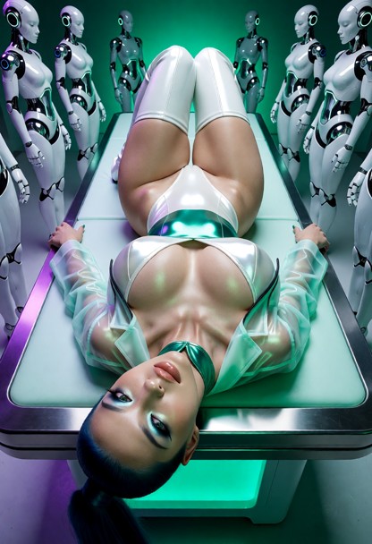 Adult 18-year-old Taiwanese futuristic android trainer, ultra-realistic full-body glamour image in a glowing emerald …